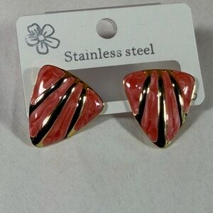 Stainless Steel Pink Triangular Enamel Earrings